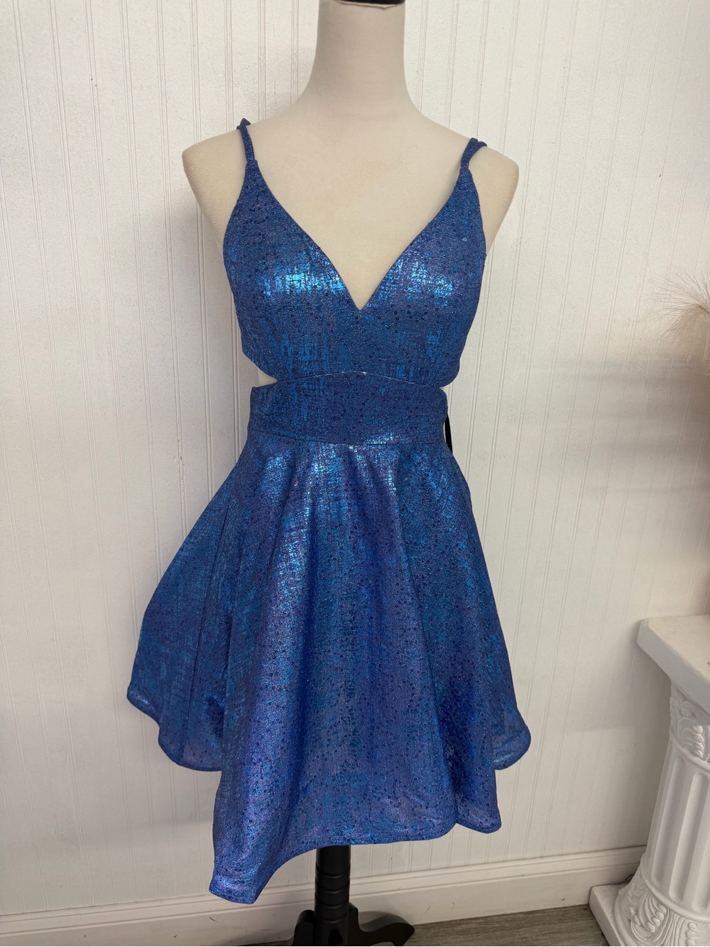 Metallic Blue Spaghetti-Strap Party Dress